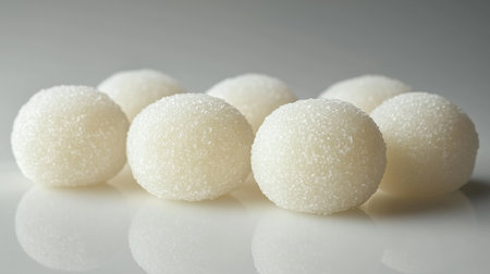 a close up view shows white coconut balls on a reflective surface, bathed in soft and gentle lightingの素材