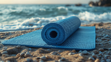 a blue yoga mat sits rolled out on a pebble beach with the ocean waves visible in the background sceneの素材