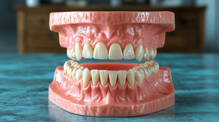 a dental model displays healthy teeth in pink gums, set on a blue surface with a blurred cabinet backの素材
