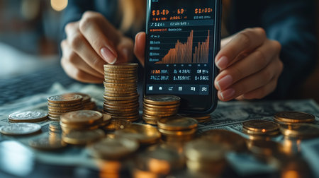 a close up shows coins and a smartphone, displaying stock market data, held by a person's hands.の素材