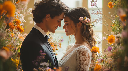 a loving couple embraces surrounded by vibrant flowers in a romantic wedding setting indoors on their special dayの素材