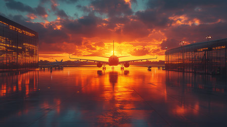 a plane on the runway as the sun sets, creating a beautiful reflection on the wet ground at the airportの素材