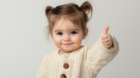 a cute toddler gives a thumbs up wearing a cream sweater on a plain white background, smiling sweetlyの素材