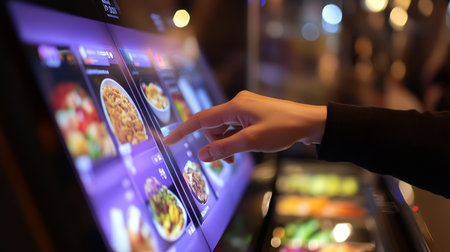 a person uses a touch screen to order food at a restaurant, selecting from a digital menu display.の素材
