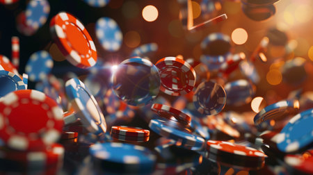 a vibrant image showing falling poker chips in red and blue, creating a dynamic, blurred background effectの素材