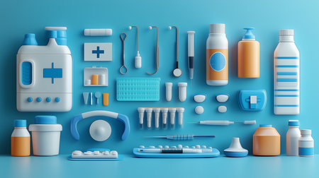 a flat lay of medical supplies and equipment on a light blue background in a well lit studio settingの素材