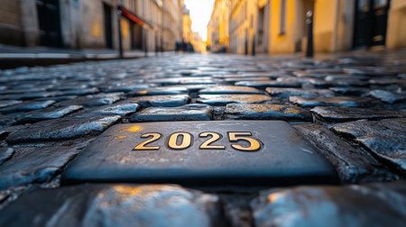 cobblestone street shows the year two thousand twenty five engraved in gold, a symbol of the futureの素材