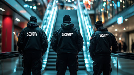 three security guards stand in front of an escalator in a shopping mall from the back view, uniformed.の素材
