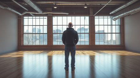 man in hoodie stands in a loft, looking out windows at the city view. Bright, open space with hardwood floors.の素材