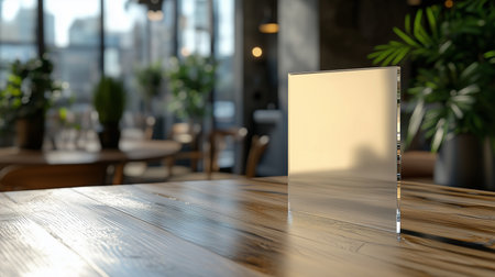 a blank square menu card stands on a wooden table with plants and sunlight in the background indoorsの素材