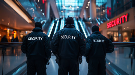 three security guards are standing in a mall with security written on their backs in white lettersの素材