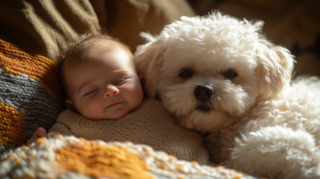 a baby sleeps soundly next to a fluffy white dog on a colorful blanket, creating a heartwarming scene indoorsの素材