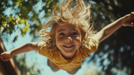 a low angle view of a smiling child with outstretched arms outdoors on a sunny day with trees above herの素材