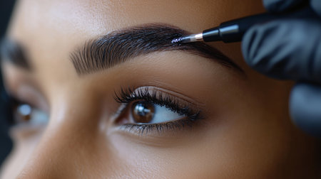a close up shot of a woman getting her eyebrows microbladed by a technician wearing black gloves and using a penの素材