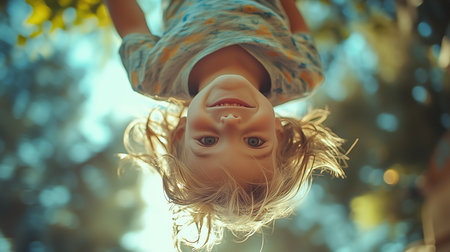 a young girl is upside down with a big smile, blonde hair, and a blurred nature background behind herの素材