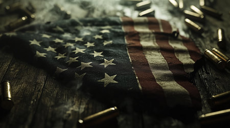 a distressed american flag is on a dark wooden surface with golden bullet casings scattered around it.の素材
