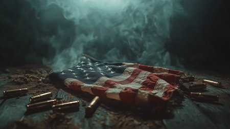 a somber scene with an american flag and bullet casings, evoking themes of war, sacrifice, and patriotismの素材