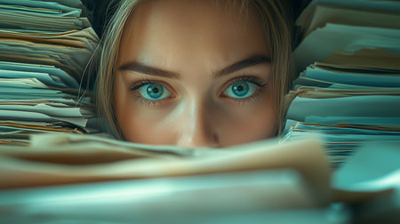 a close up of a woman's face with bright blue eyes peeking out from behind a stack of papers looking upの素材