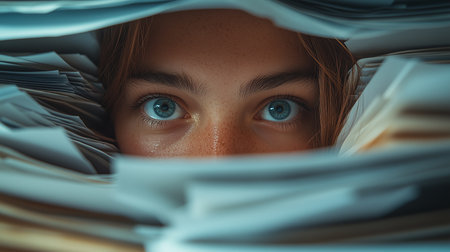 a woman's face with blue eyes is surrounded by stacks of paper and documents in a dimly lit environmentの素材