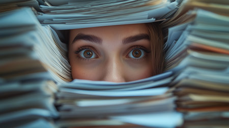 a woman is looking through a stack of papers with wide eyes in an office environment overwhelmed with workの素材