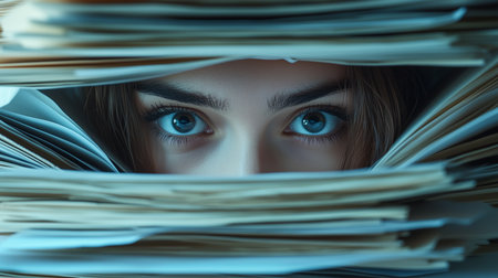 a close up shot of a woman's eyes looking through a stack of papers with an intense expression on her faceの素材