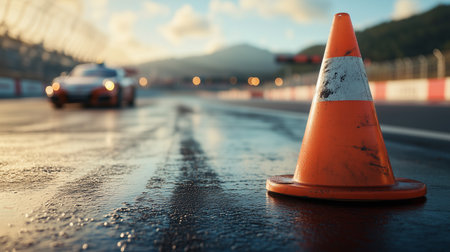 a traffic cone on a wet race track with a blurred car in the background on a cloudy day time view.の素材