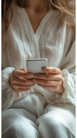 a woman in a white dress is holding a smartphone and sitting down in a well bed indoor environmentの素材