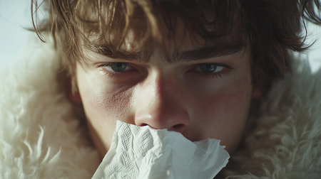 a close up of a young man holding a tissue to his face with a fur collar coat staring at the cameraの素材
