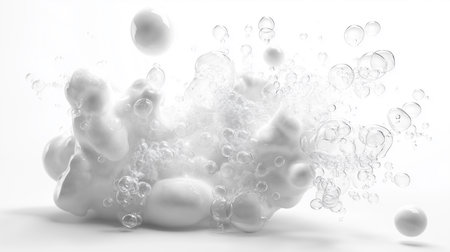 a stunning close up of white foam and bubbles with a bright white seamless background and surface belowの素材