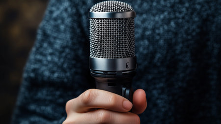 close up of a hand holding a microphone with a mesh grill against a dark blurred fabric backgroundの素材