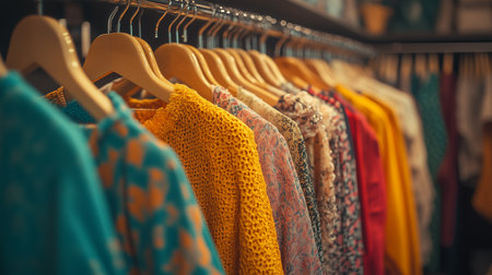 a vibrant display of clothing on hangers, showcasing a variety of colors, patterns, and textures in a retail spaceの素材