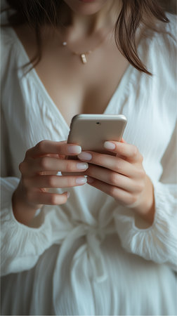 a woman in a white dress is holding a phone, showing her manicured nails and gold necklace in the frameの素材