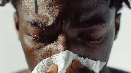 a close up of a person wiping their nose with a tissue, possibly due to a cold, allergies or illnessの素材