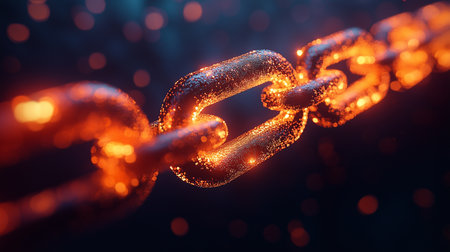 a close up of a glowing chain with bokeh lights in the background against a dark backdrop, very detailedの素材