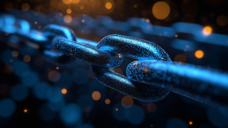 a close up of a metal chain with blue lighting and orange bokeh in the dark background. Strong connectionの素材