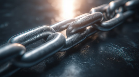a close up of a heavy metal chain with a bright light shining on it in a dark and moody environmentの素材