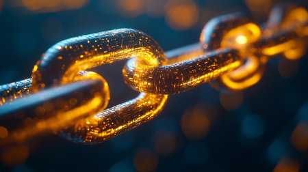 a golden chain is displayed in a close up view with a dark background and bokeh effect of golden lightの素材