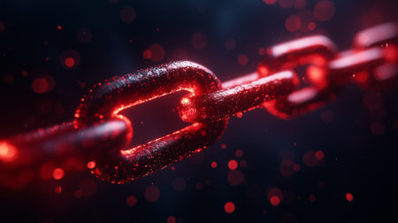 a close up shot of a chain with a red light shining on it, set against a dark background with bokeh effectの素材