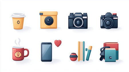 a digital illustration of various objects, including cameras, books, coffee and a mobile phoneの素材