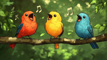 three colorful birds singing on a branch with musical notes in a green leafy background illustrationの素材