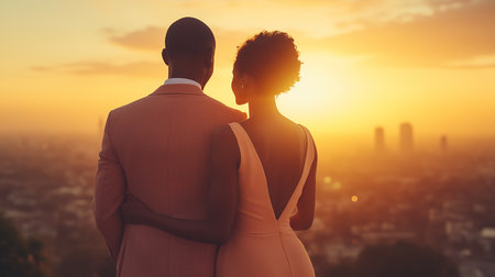a couple stands together at sunset overlooking the city, sharing a moment of love and togetherness.の素材