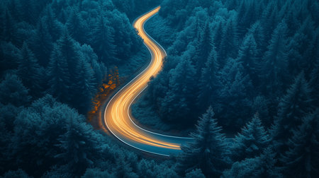a winding road through a dark forest at night with light trails captured using a long exposure shotの素材
