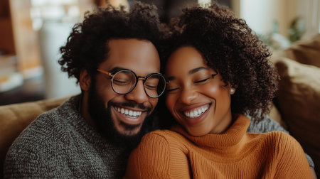a happy couple is smiling with their eyes closed while cuddling on a couch in a cozy indoor settingの素材