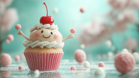 a delightful cupcake with a cherry and a smiling face, surrounded by pink fluffy balls, whimsical sceneの素材