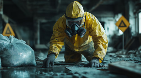 a person in a yellow hazmat suit crawls on the floor of a destroyed building with warning signs nearbyの素材