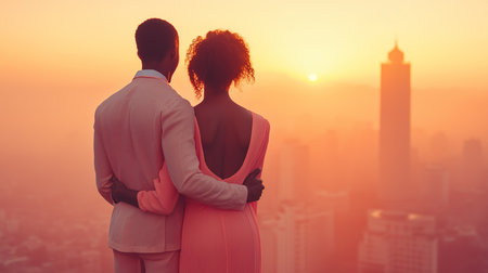 a couple embraces at sunset, overlooking the city skyline with a tall building in the distance viewの素材