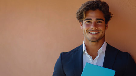 a smiling man in a suit holds a blue folder standing against a neutral colored wall background outsideの素材