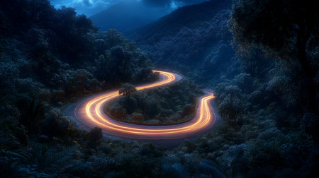 a winding road cuts through a dark forest at night illuminated by light trails aerial view sceneの素材