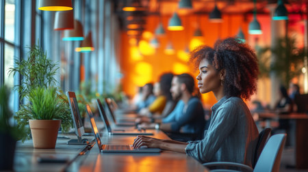 woman typing on a laptop with other people in a modern office with bright lights and plants nearbyの素材