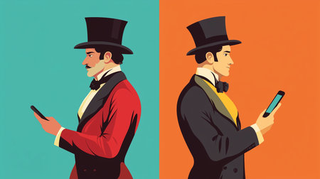 two men in top hats use smartphones against a split teal and orange background in a vector art styleの素材